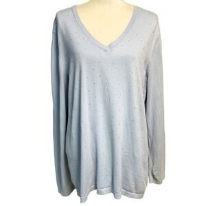 DKNY Jeans Women Light Blue V-Neck Long Sleeve Rhinestone Cotton Sweater XXL